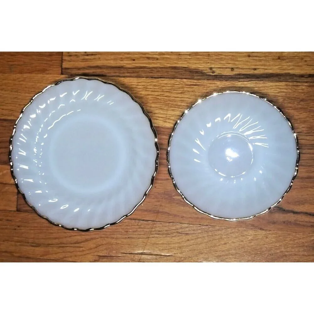 2 pc Fire-king Anchor Hocking side plate, saucer milk glass gold trim USA made